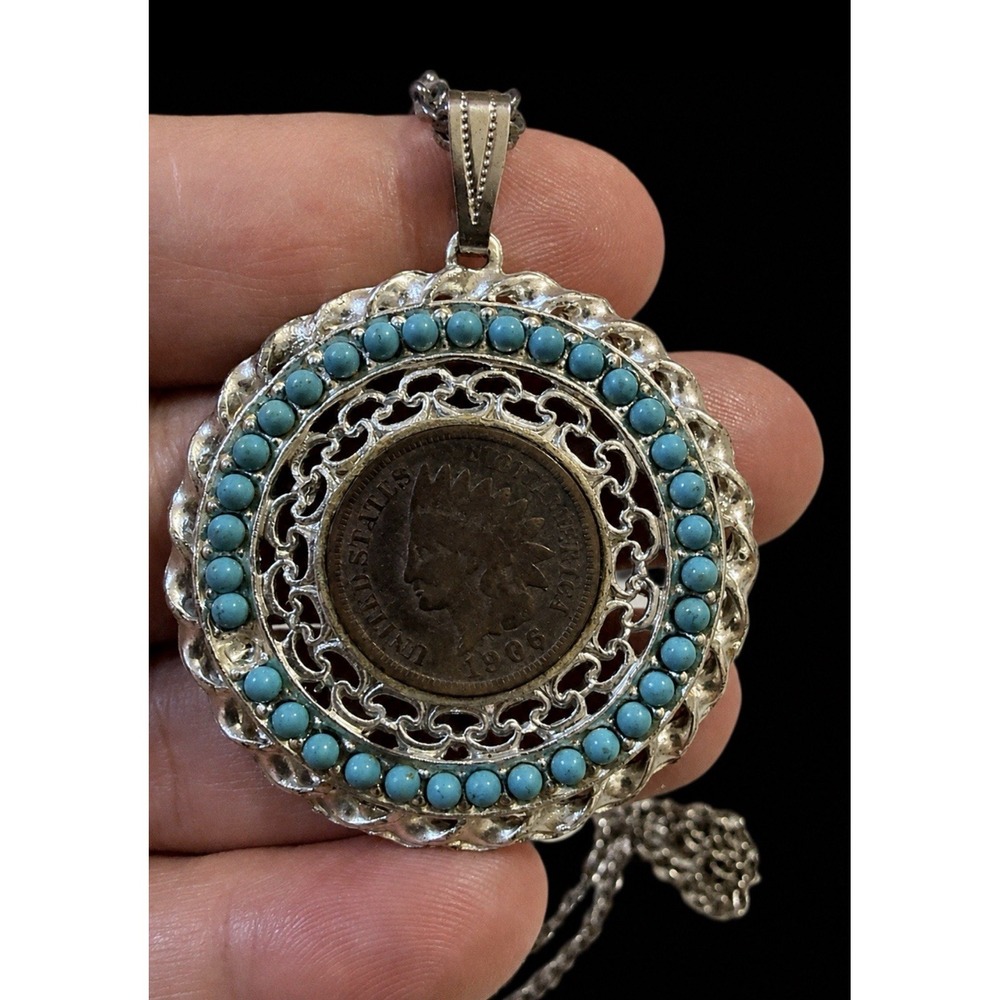 T20157-Vintage 1906 Indian Head Penny Coin Pendant Necklace Turquoise Beads 22"